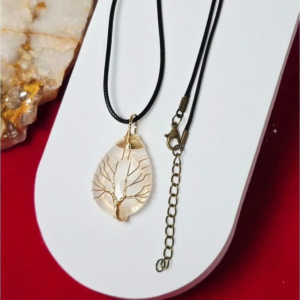 Tree of Life Clear Quartz Teardrop Wire Wrapped Necklace Healing Crystal Jewelry